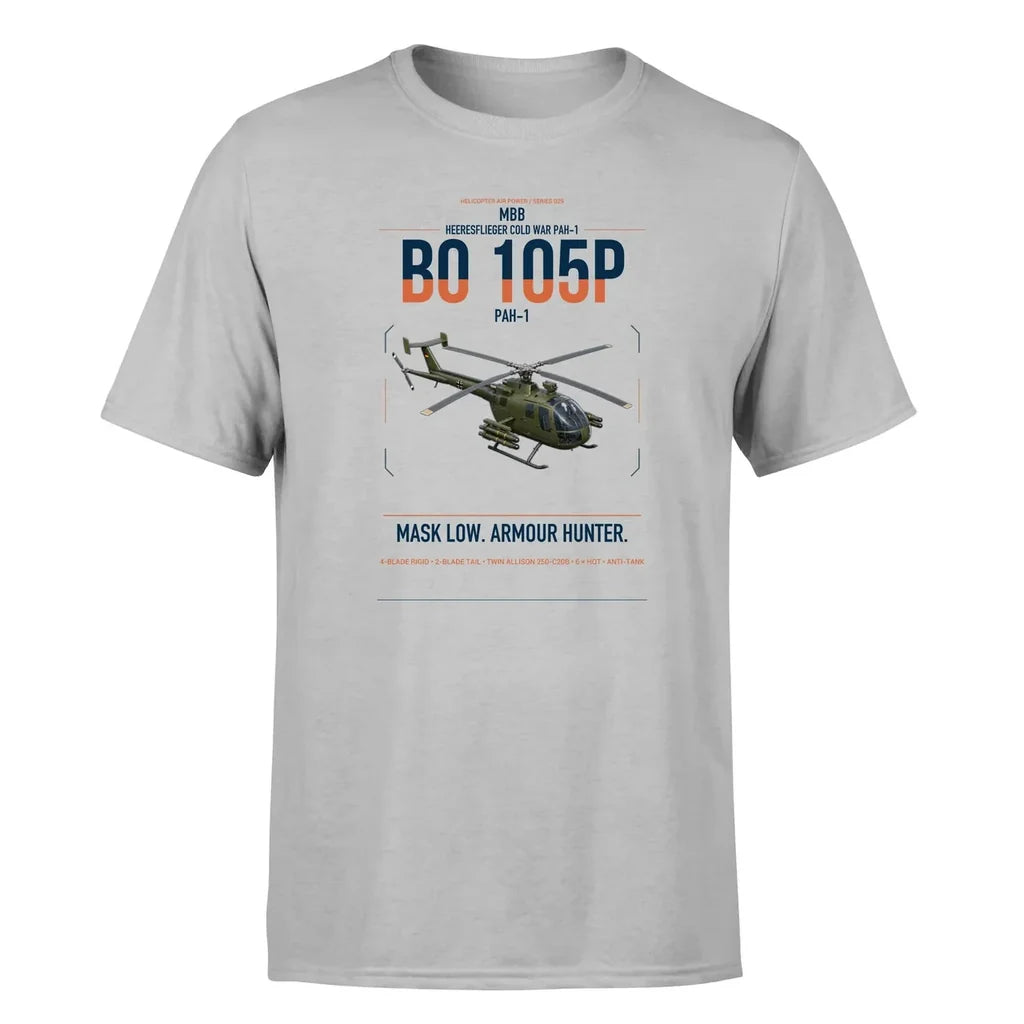 MBB BO 105P PAH-1 design on light gray t-shirt, single-side print