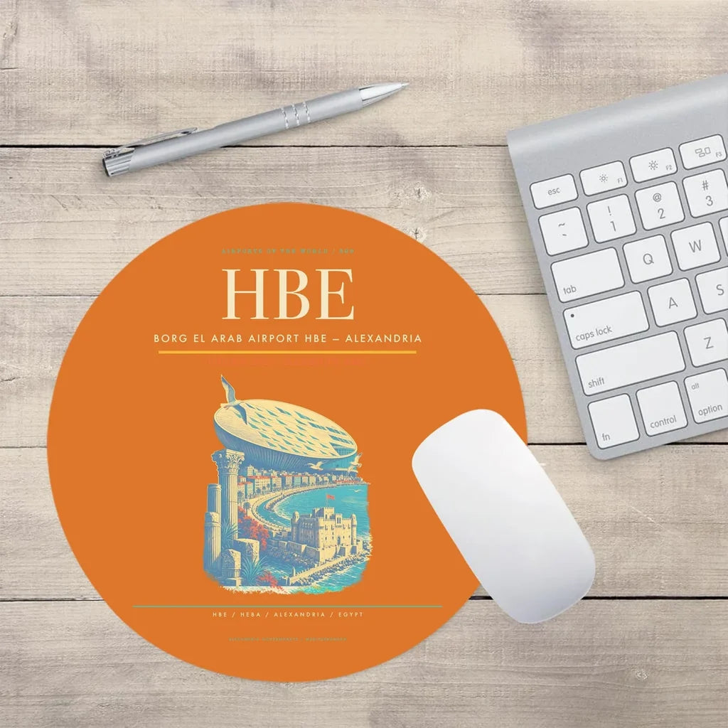 Borg El Arab Airport (HBE) design on orange round mouse pad
