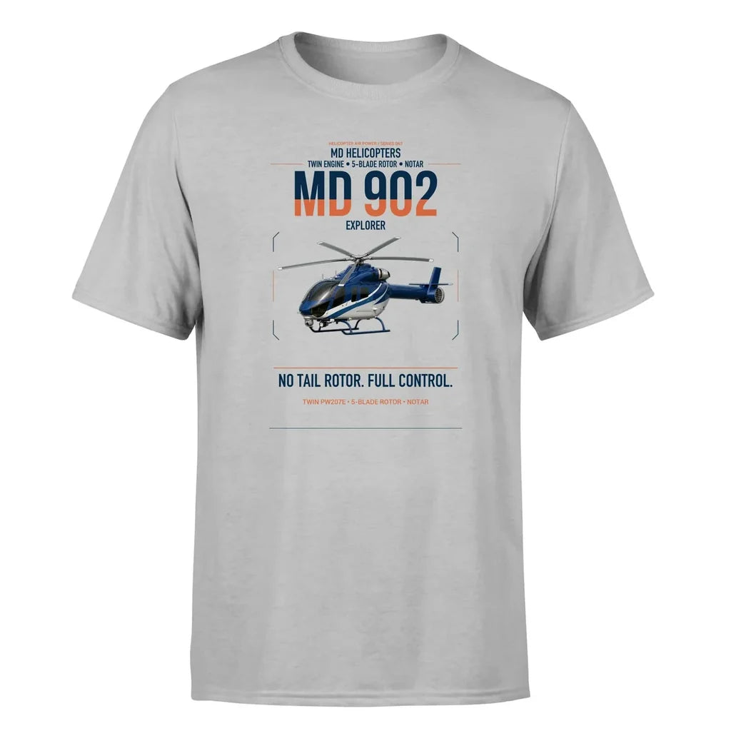 MD Helicopters MD 902 Explorer design on light gray t-shirt, single-side print