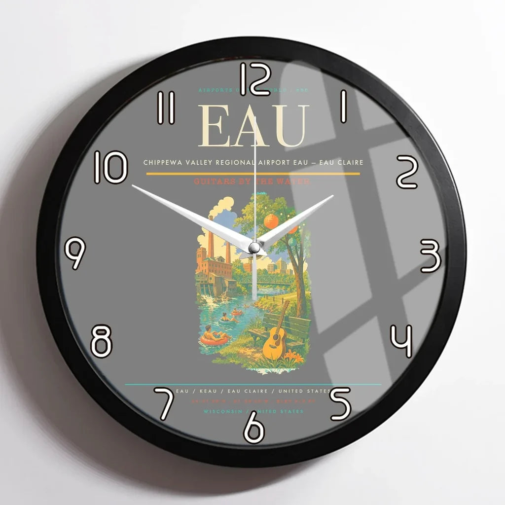 Chippewa Valley Regional Airport (EAU) design on gray framed wall clock