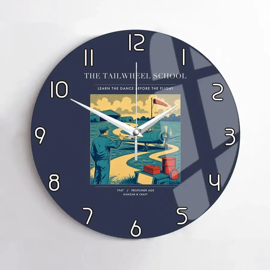 VINTAGE G4178 - The Tailwheel School - Designed Wall Clocks design on navyblue no-frame