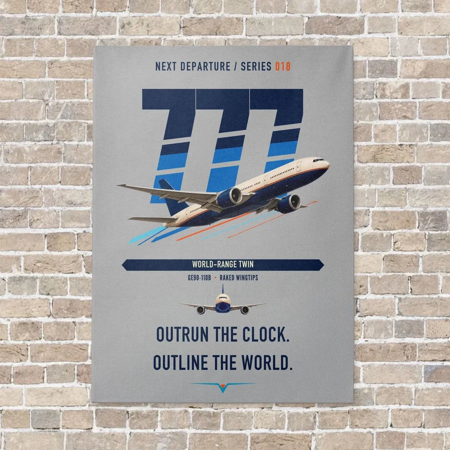Boeing 777-200LR vertical canvas print - no frame - light gray background