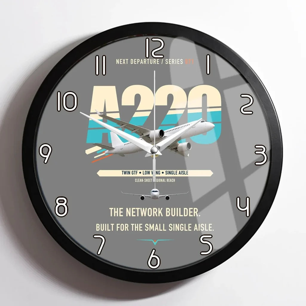 Airbus A220-300 design on gray framed wall clock