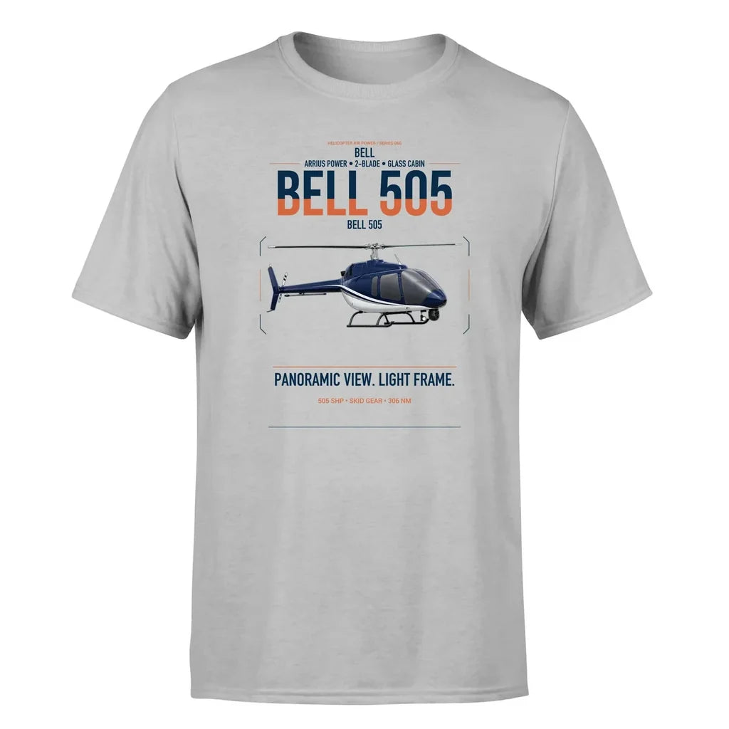Bell 505 design on light gray t-shirt, single-side print