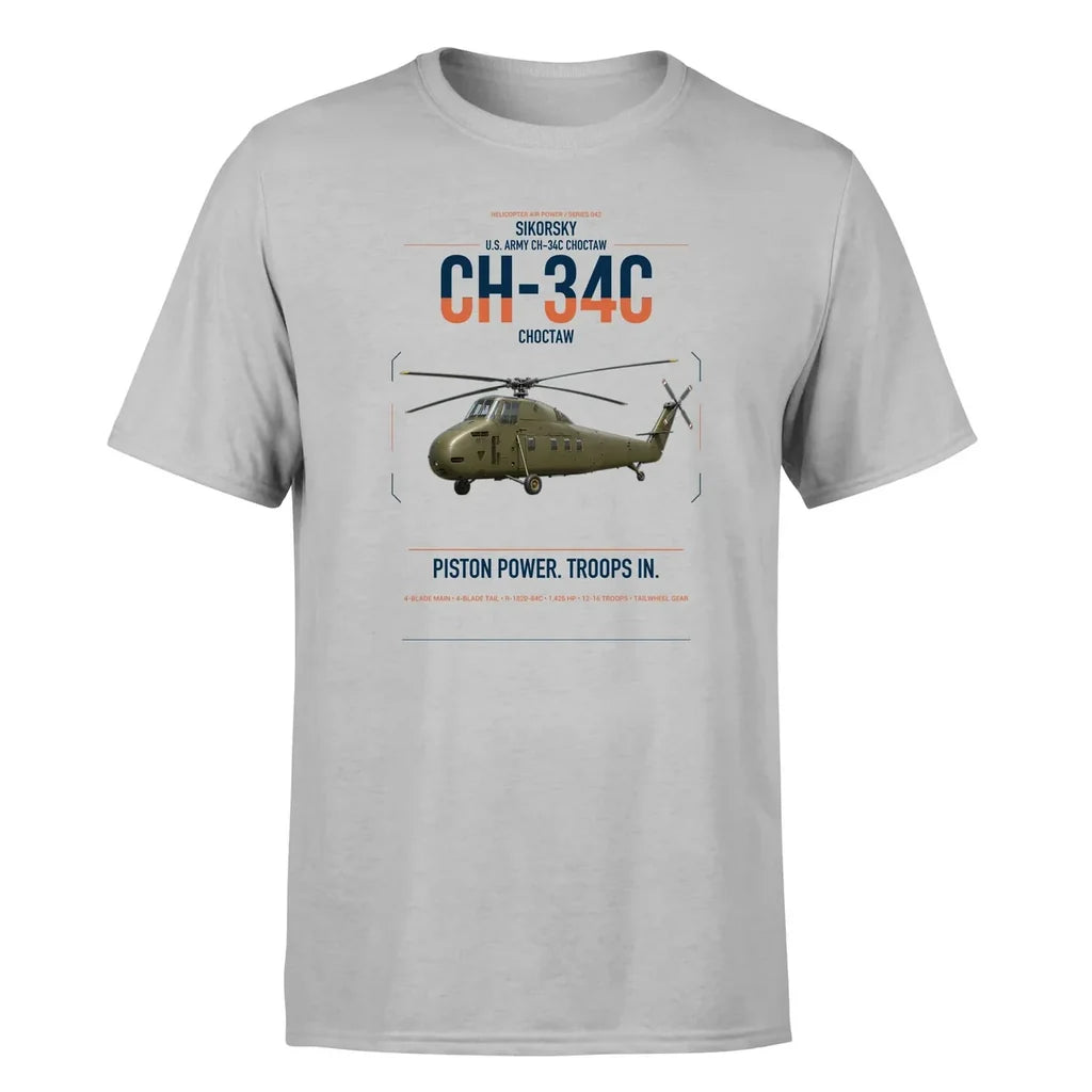 Sikorsky CH-34C Choctaw design on light gray t-shirt, single-side print