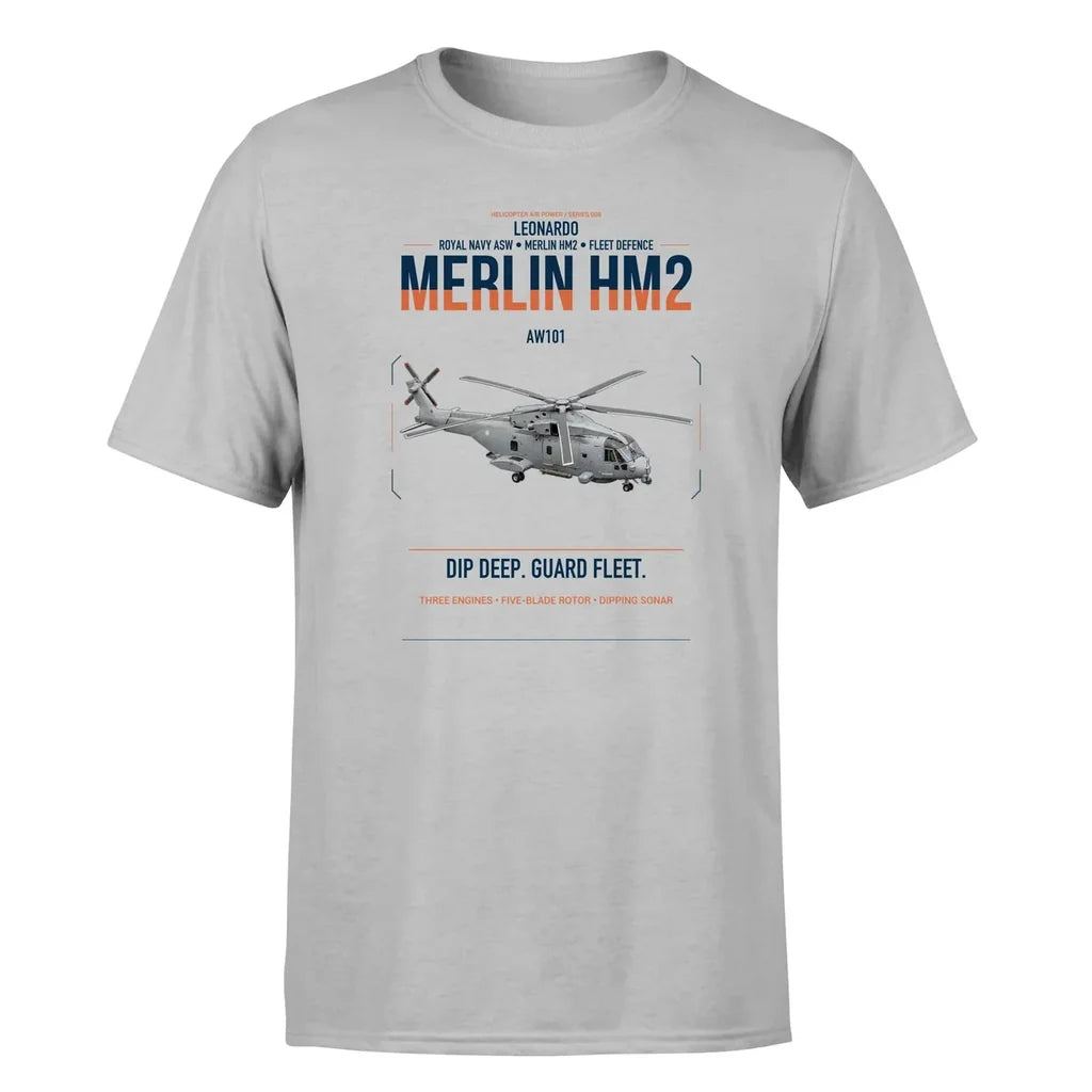 Leonardo AW101 Merlin HM2 design on light gray t-shirt, single-side print