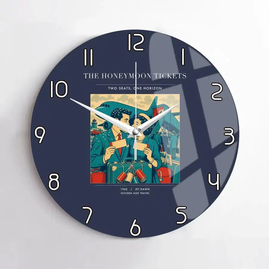 VINTAGE G4227 - The Honeymoon Tickets - Designed Wall Clocks design on navyblue no-frame