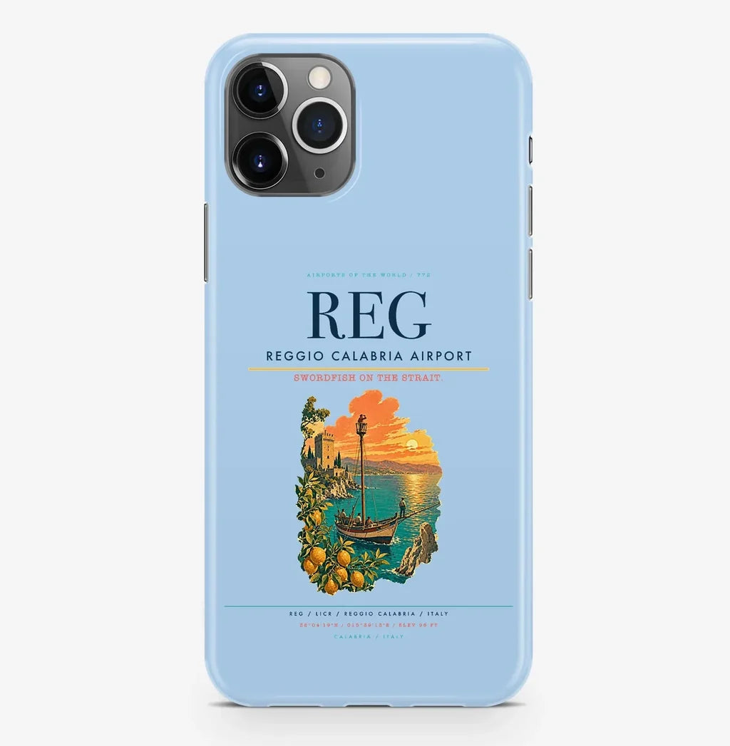 Reggio Calabria Airport (REG) design on light blue iPhone 16 Pro MagSafe case