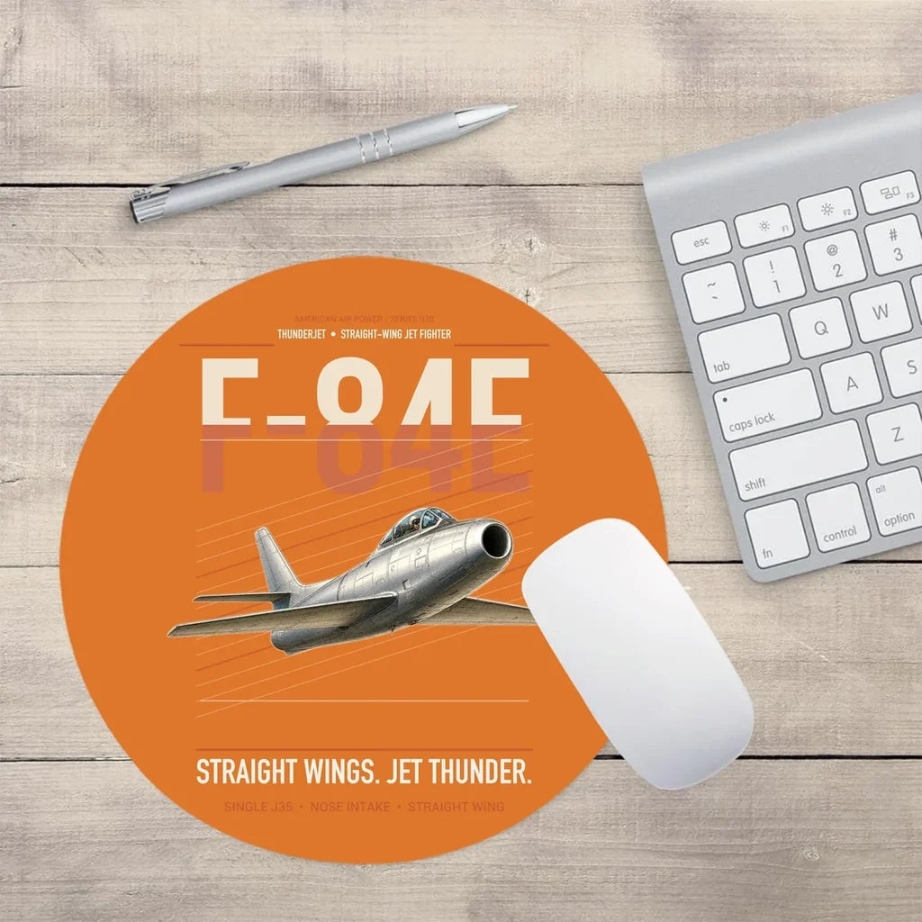 F-84E Thunderjet design on orange round mouse pad