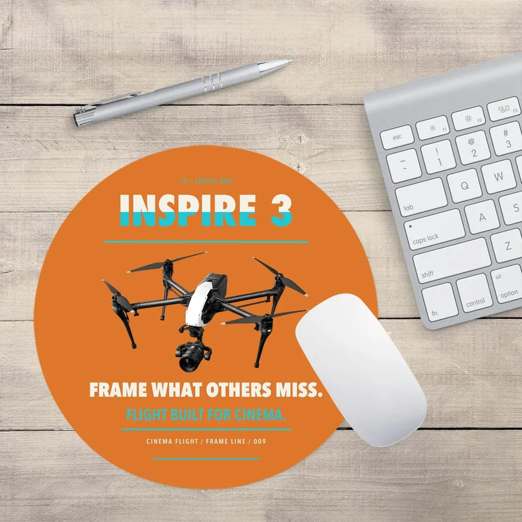 DJI Inspire 3 design on orange round mouse pad