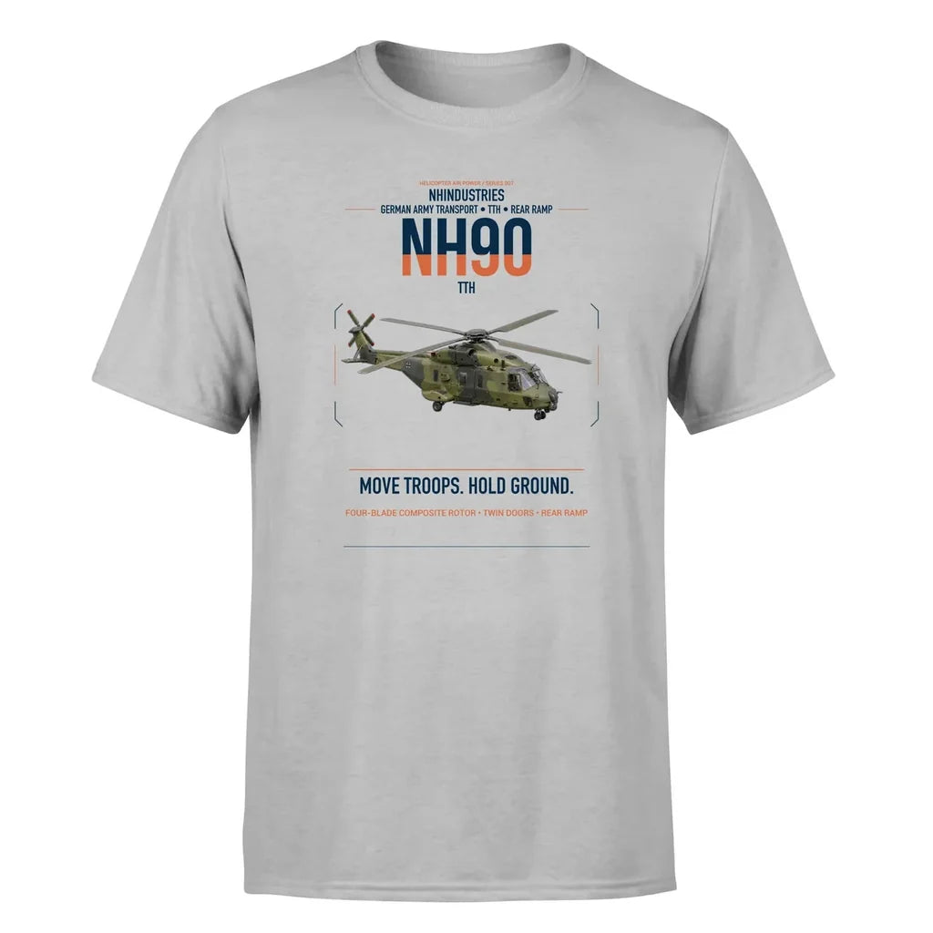 NHIndustries NH90 TTH design on light gray t-shirt, single-side print