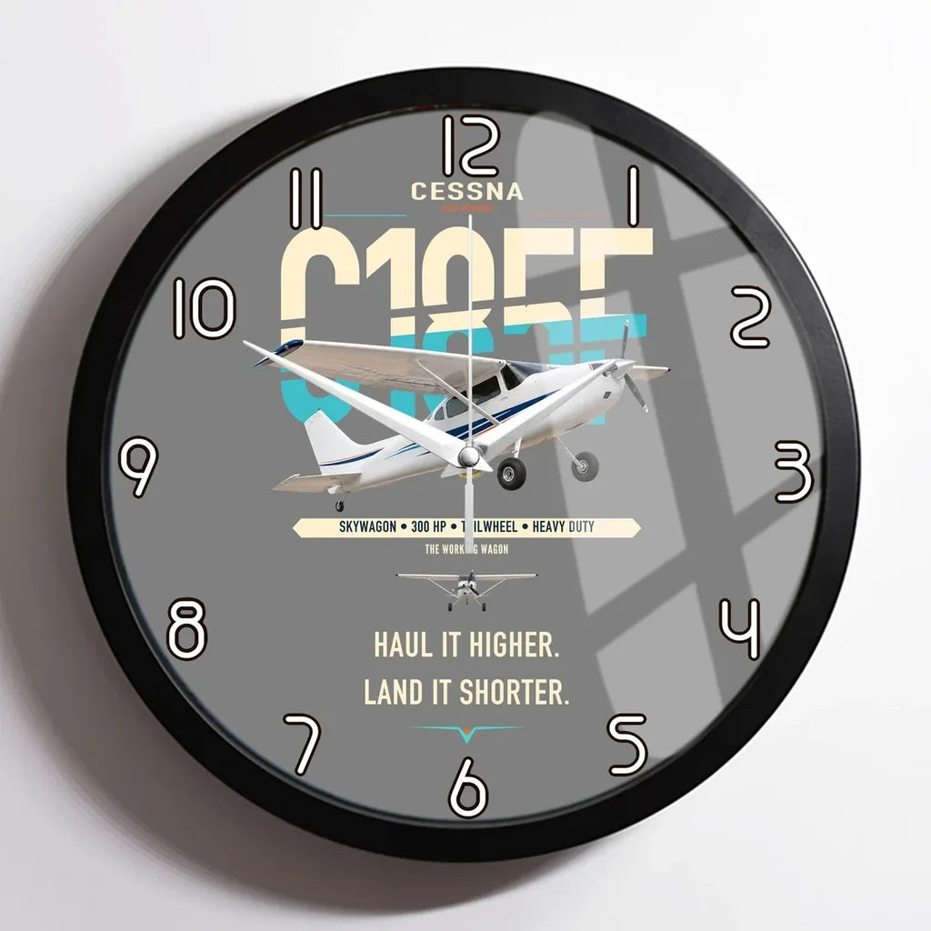 Cessna A185F Skywagon design on gray framed wall clock