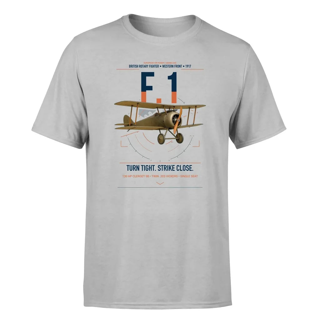 Sopwith Camel F.1 design on light gray t-shirt, single-side print