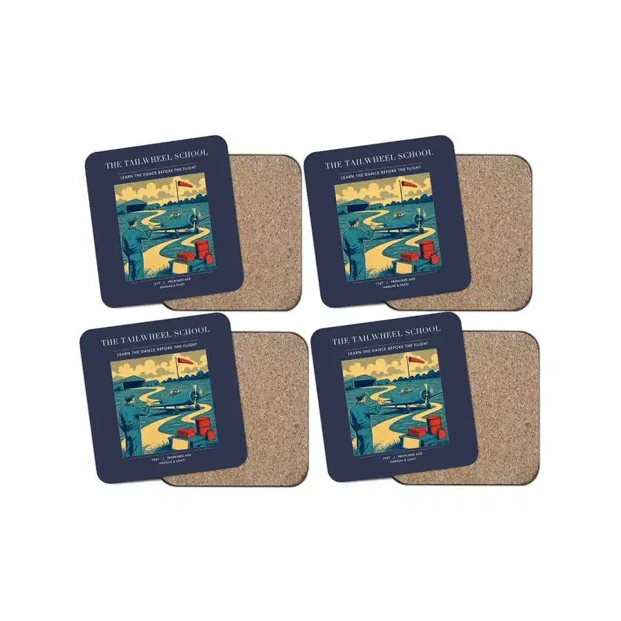 The Tailwheel School - Designed Coasters design on navy blue 4-pieces-set
