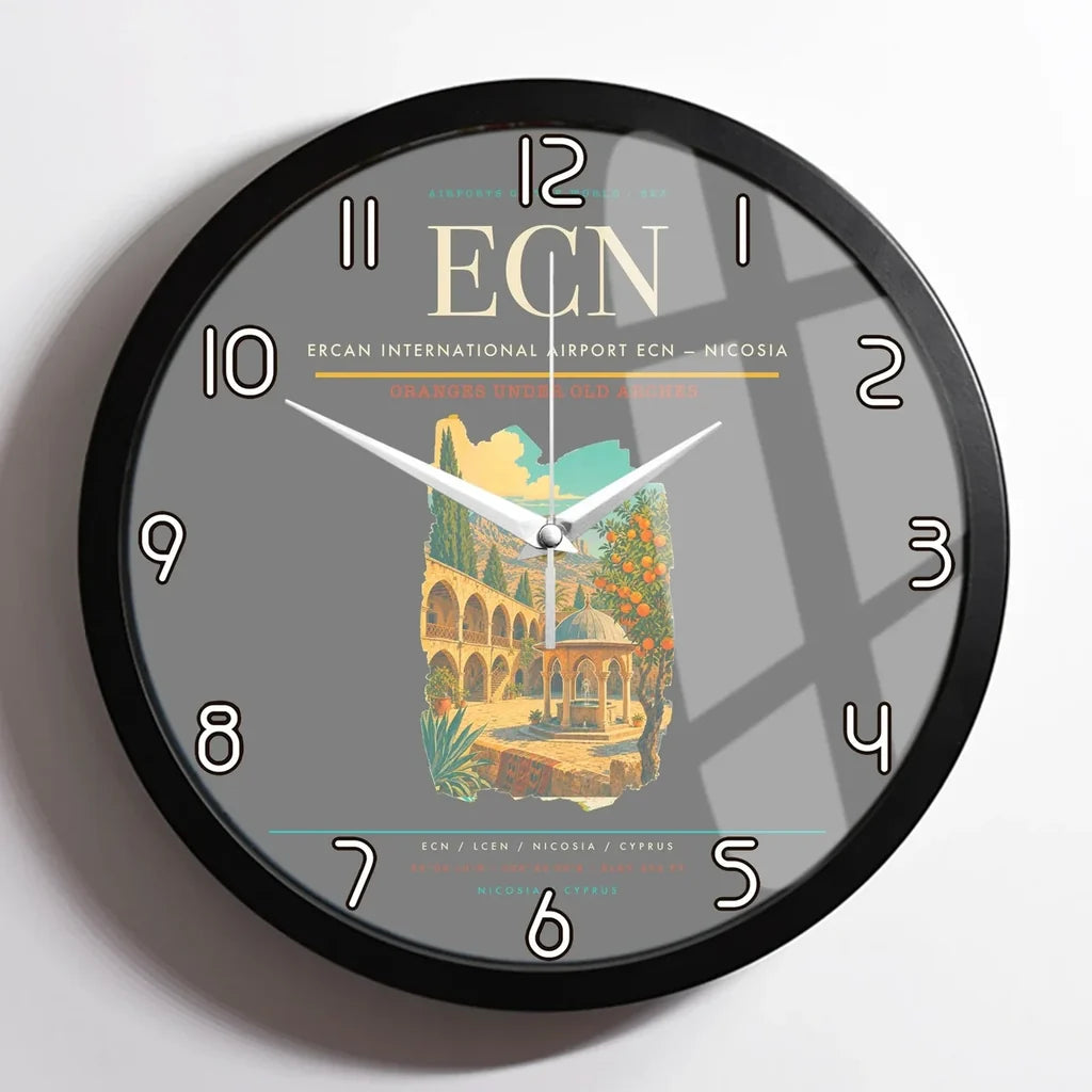 Ercan International Airport (ECN) design on gray framed wall clock