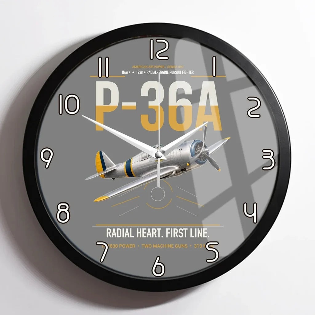 P-36A Hawk design on gray framed wall clock