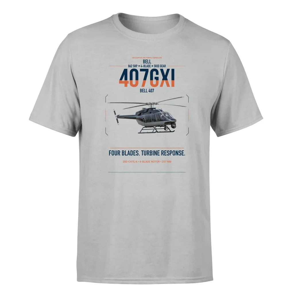 Bell 407GXi design on light gray t-shirt, single-side print
