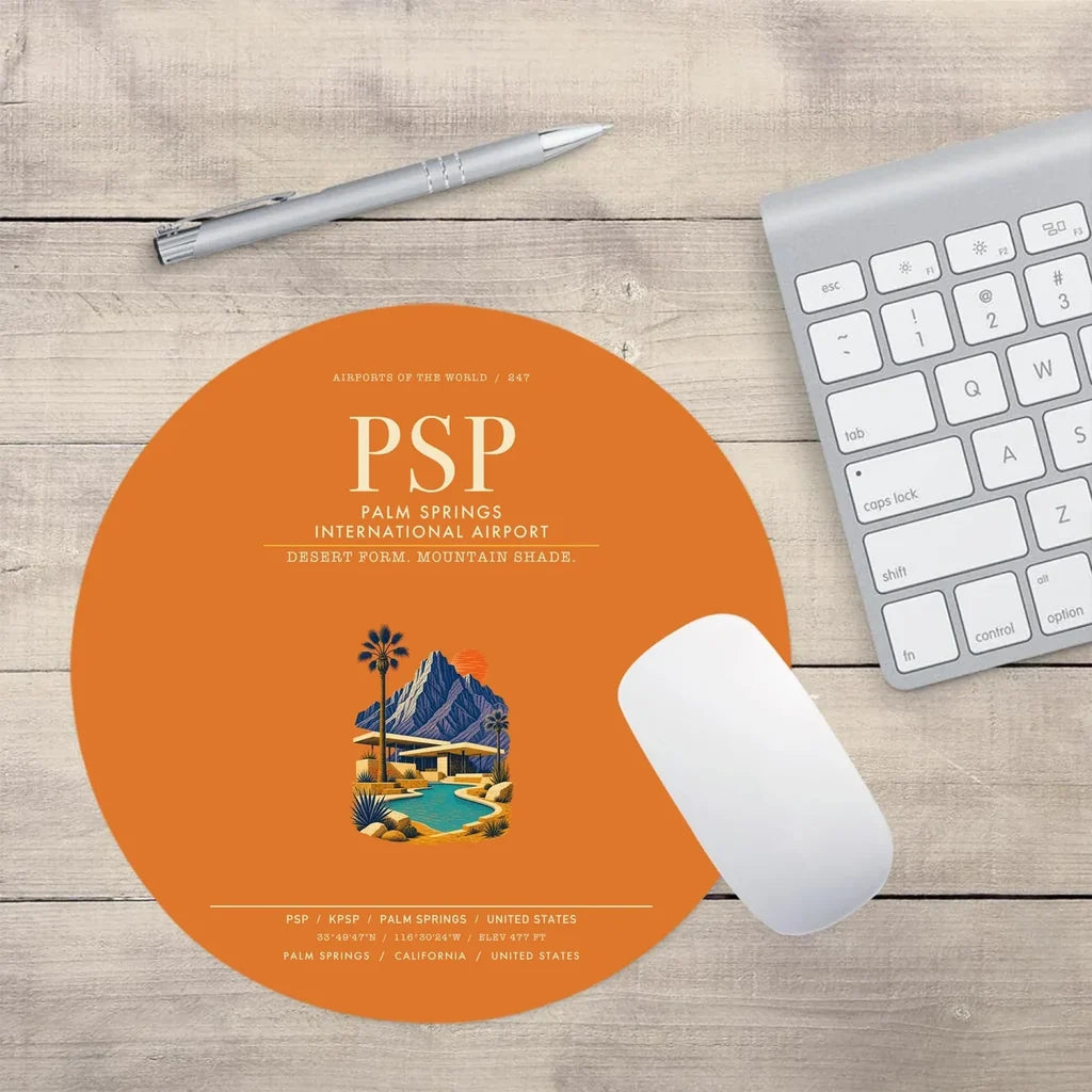 Palm Springs International Airport (PSP) design on orange round mouse pad