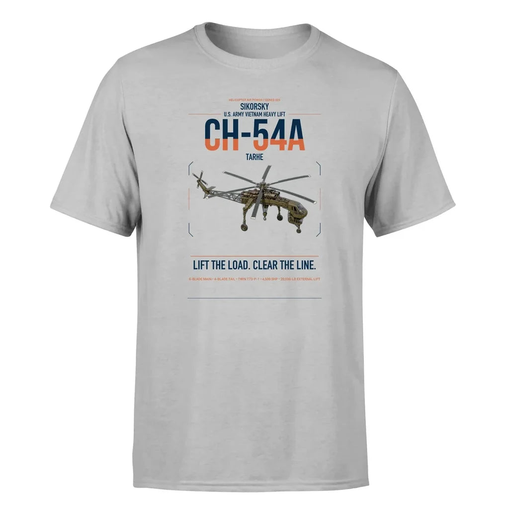 Sikorsky CH-54A Tarhe design on light gray t-shirt, single-side print