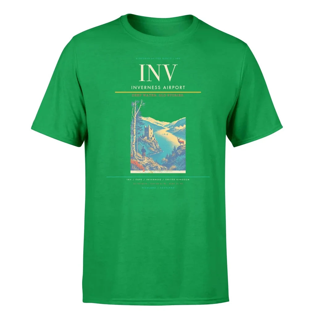 Inverness Airport (INV) T-Shirt single-side front print in Green | inverness-airport-inv-double-side-t-shirt