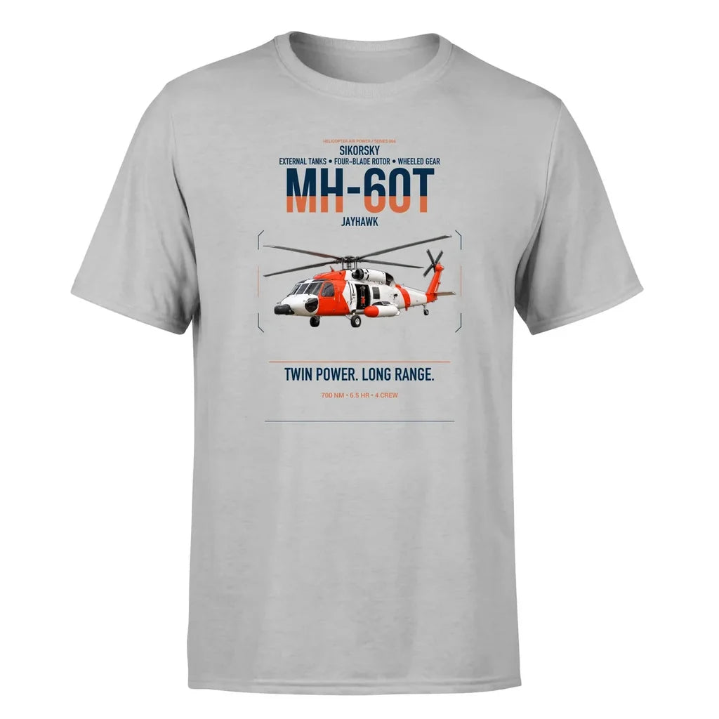 Sikorsky MH-60T Jayhawk design on light gray t-shirt, single-side print