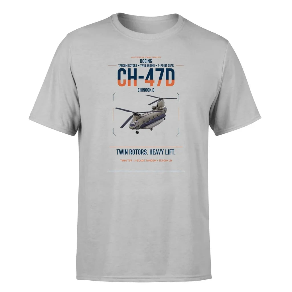 Boeing CH-47D design on light gray t-shirt, single-side print