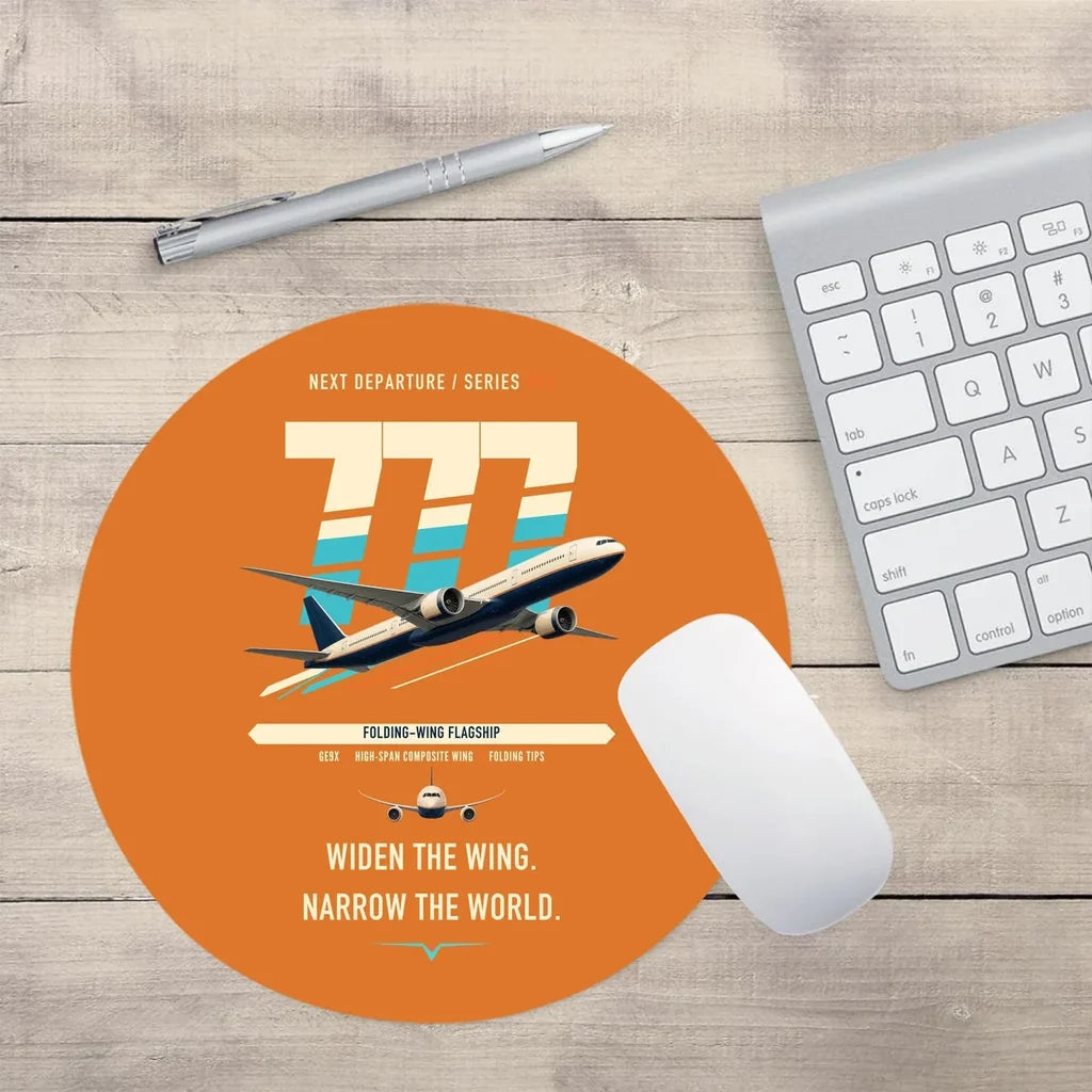 Boeing 777-9 design on orange round mouse pad