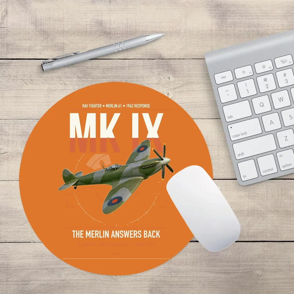 Supermarine Spitfire Mk IX design on orange round mouse pad