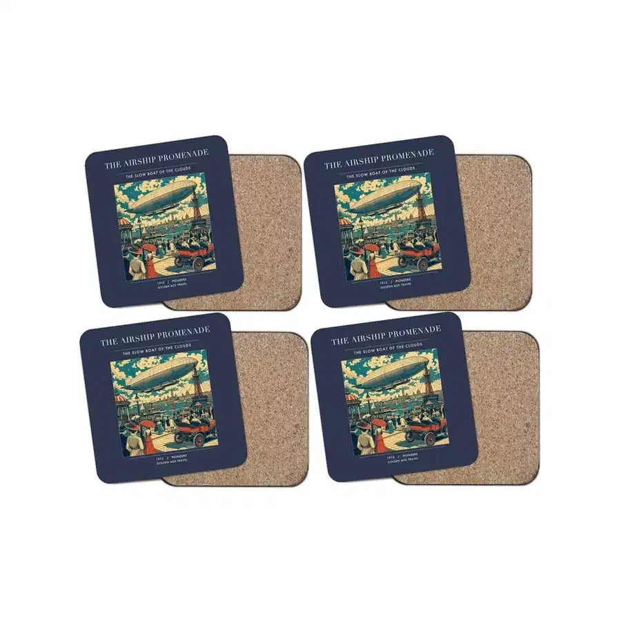The Airship Promenade - Designed Coasters design on navy blue 4-pieces-set