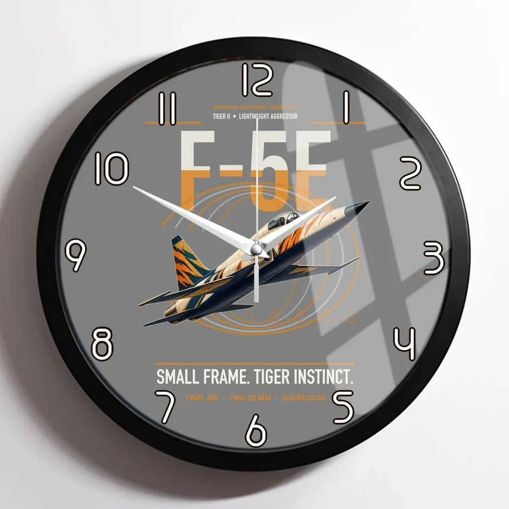F-5E Tiger II design on gray framed wall clock