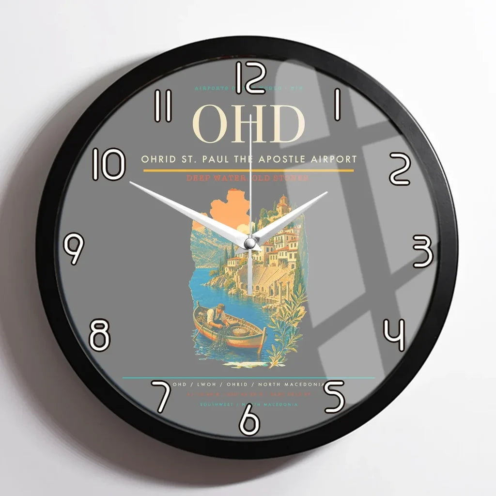 Ohrid St. Paul the Apostle Airport (OHD) design on gray framed wall clock