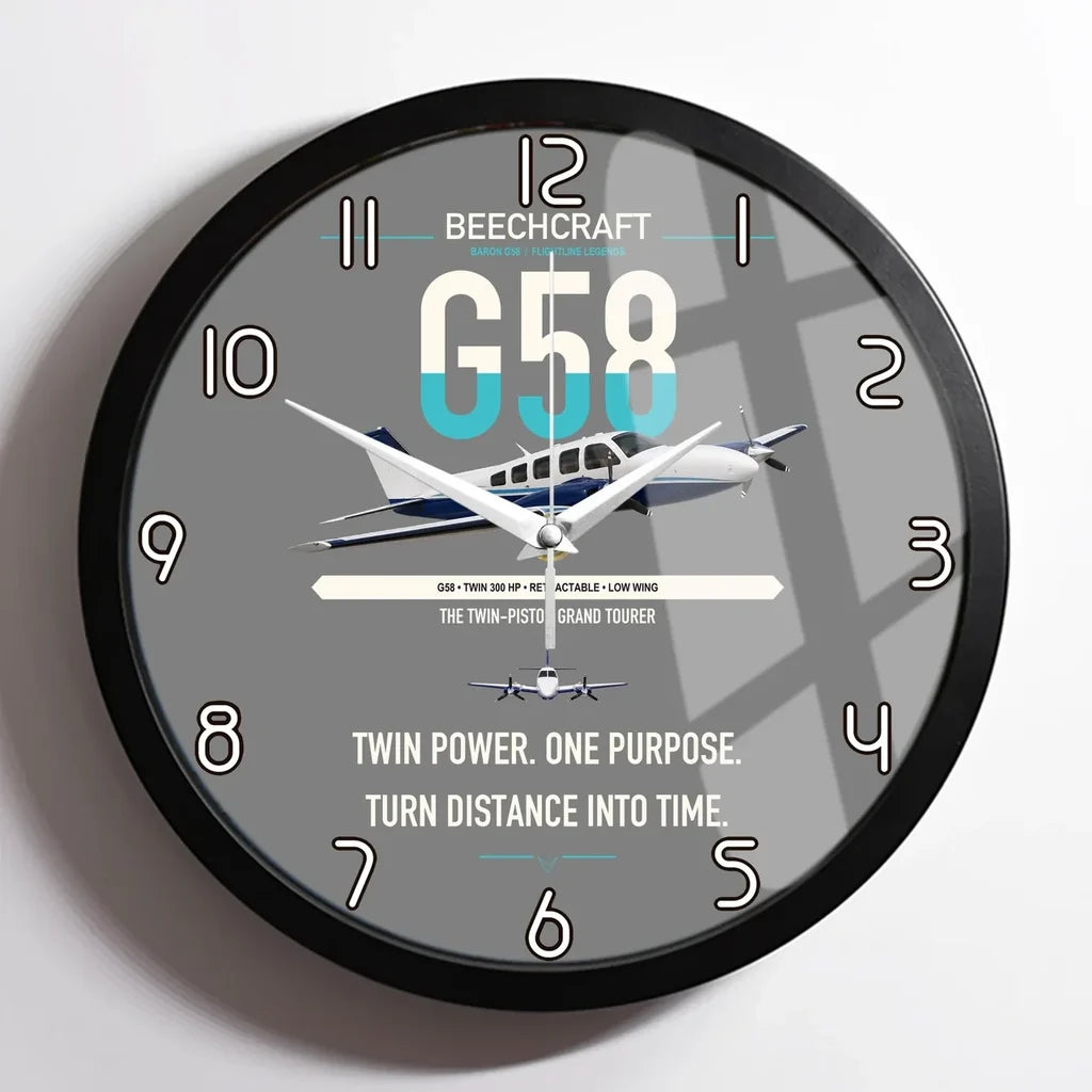 Beechcraft Baron G58 design on gray framed wall clock