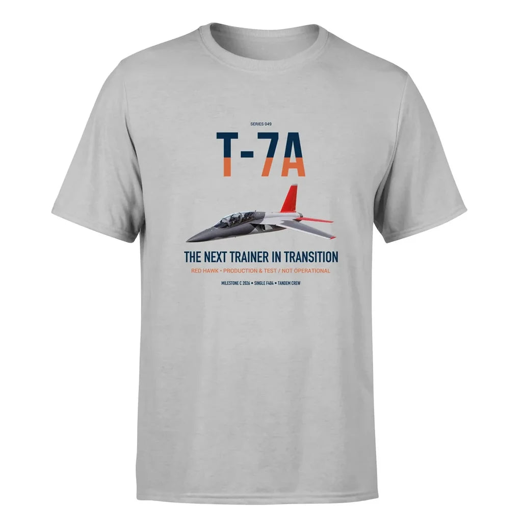 T-7A Red Hawk design on light gray double-side t-shirt, single-side print