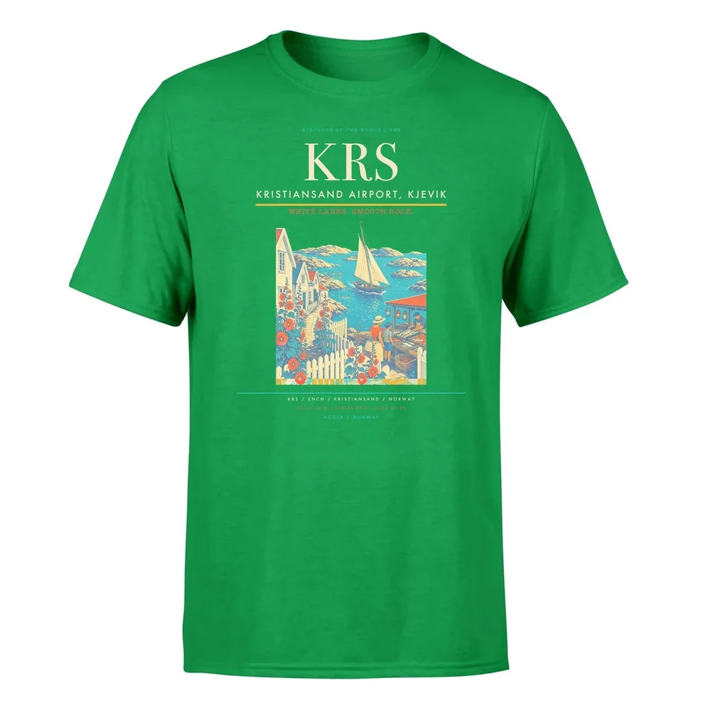 Kristiansand Airport, Kjevik (KRS) T-Shirt single-side front print in Green | kristiansand-airport-kjevik-krs-double-side-t-shirt