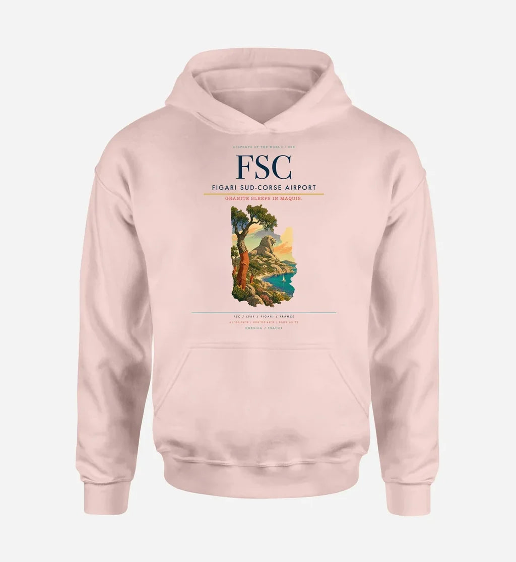 Figari Sud-Corse Airport (FSC) design on pink hoodie single-side print