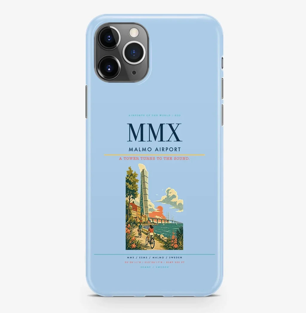 Malmo Airport (MMX) design on light blue iPhone 16 Pro MagSafe case