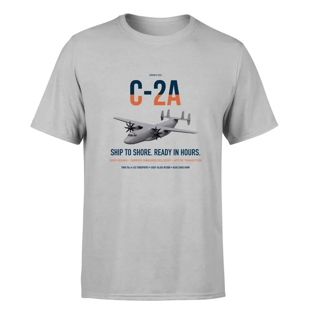 C-2A Greyhound design on light gray double-side t-shirt, single-side print
