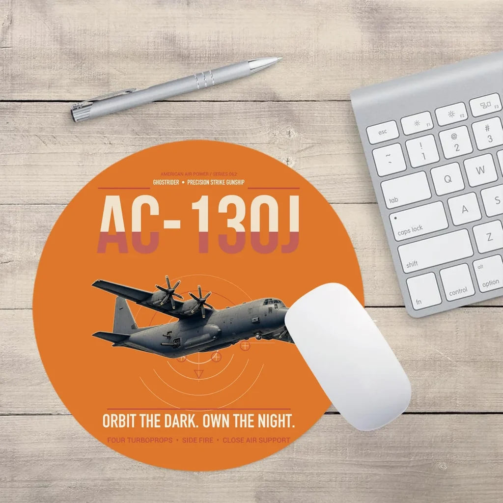 AC-130J Ghostrider design on orange round mouse pad