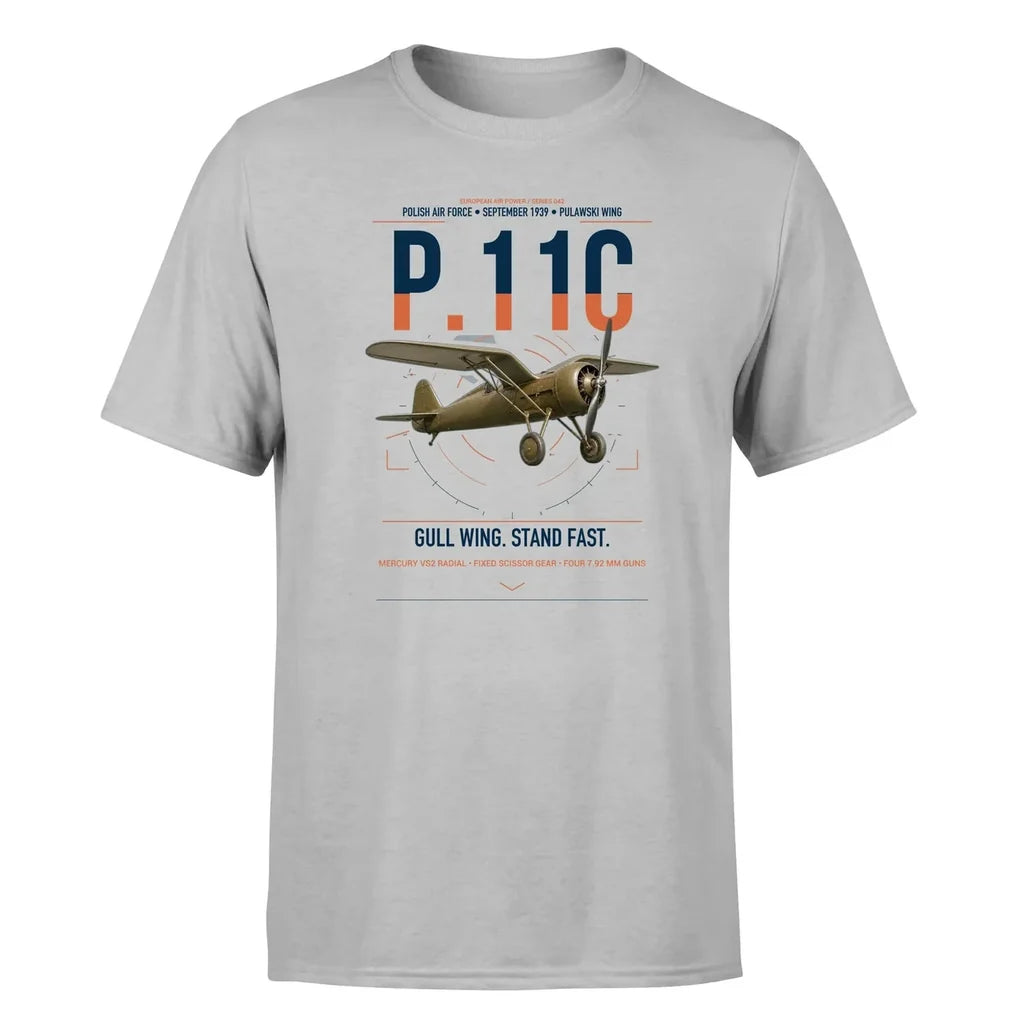 PZL P.11c design on light gray t-shirt, single-side print