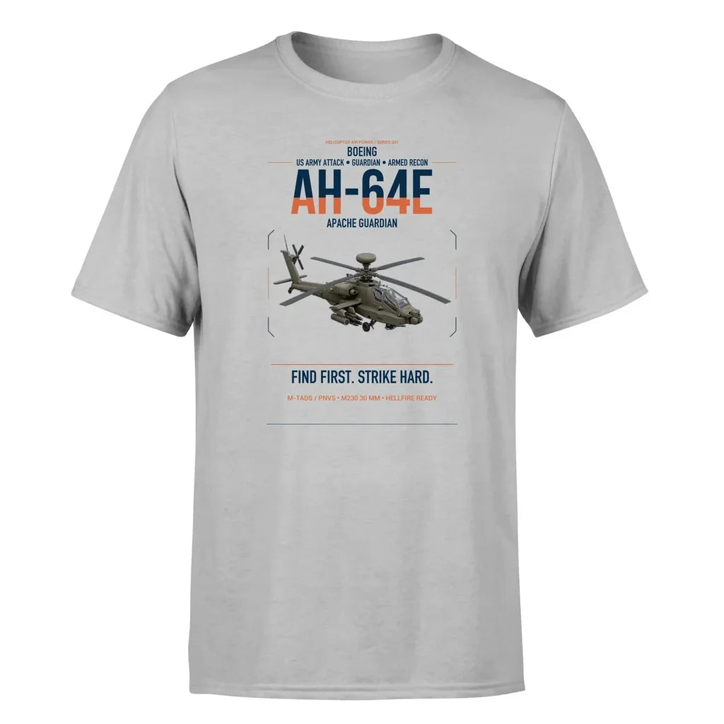 Boeing AH-64E Apache Guardian design on light gray t-shirt, single-side print