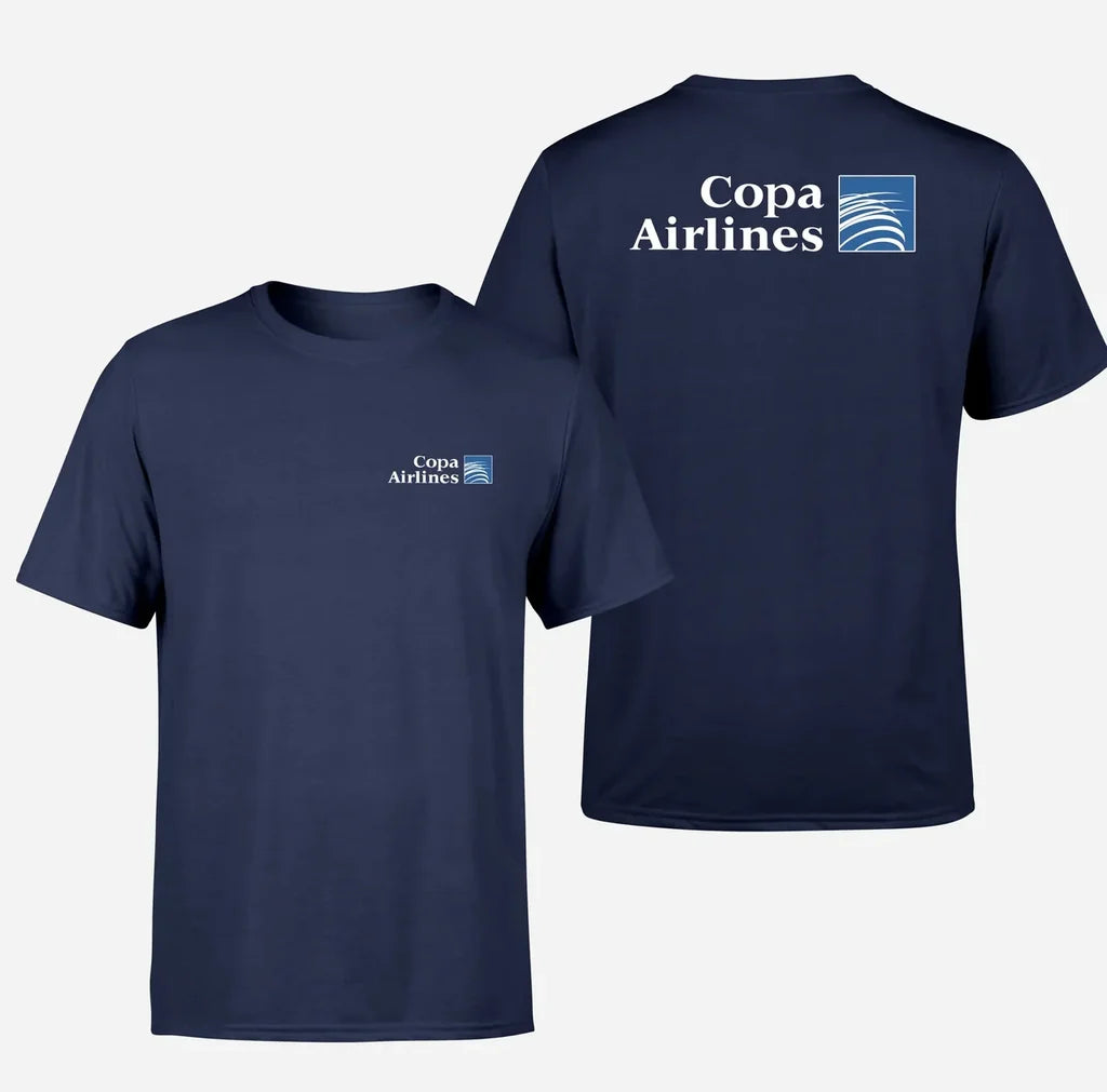 Copa Airlines logo on navy blue double side t shirt