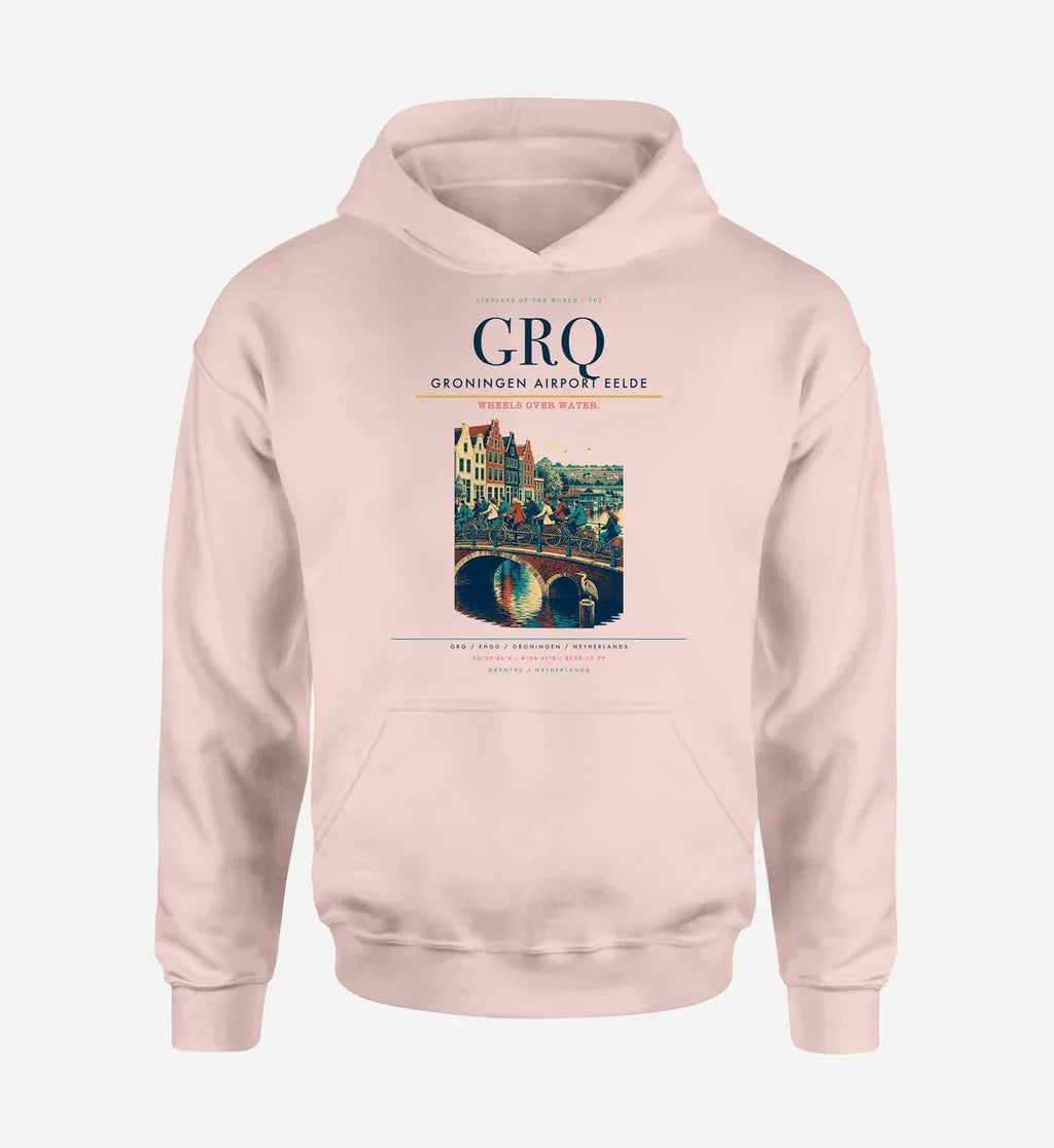 Groningen Airport Eelde (GRQ) design on pink hoodie single-side print