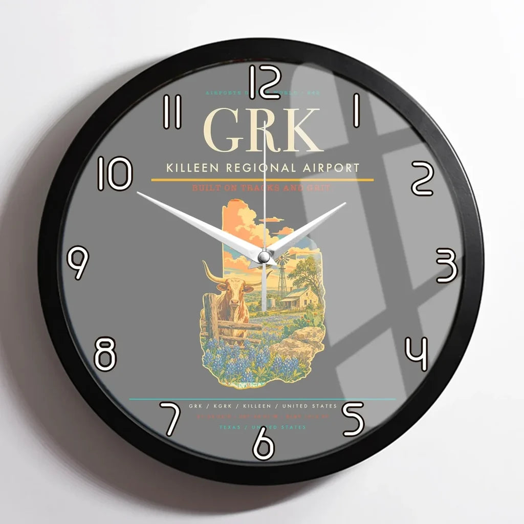 Killeen Regional Airport (GRK) design on gray framed wall clock