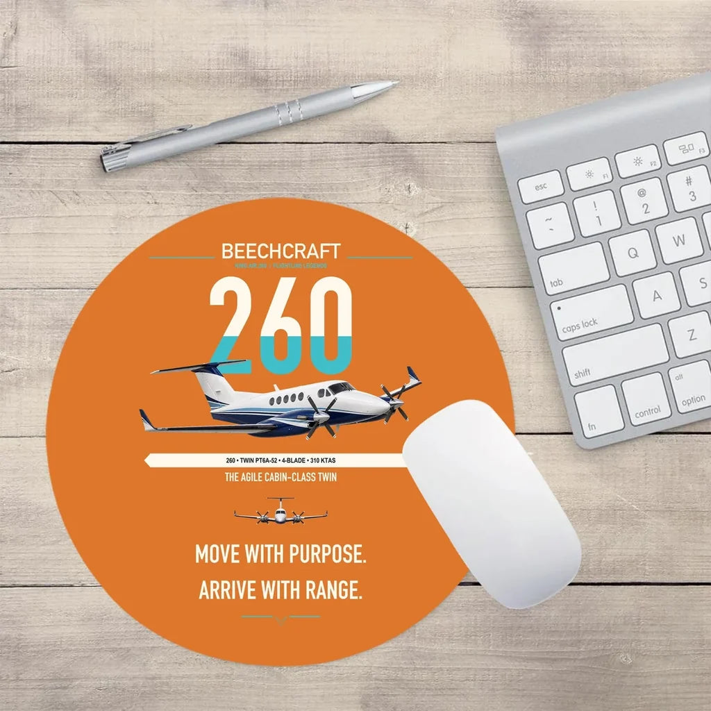 Beechcraft King Air 260 design on orange round mouse pad