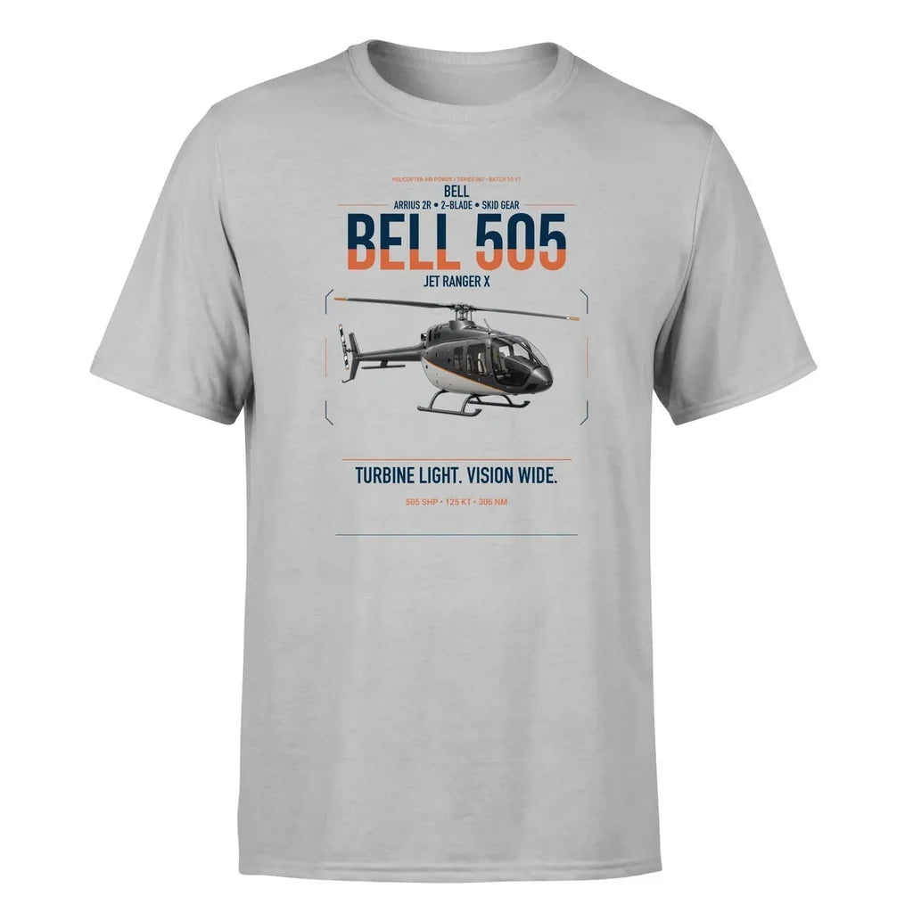 Bell 505 Jet Ranger X design on light gray t-shirt, single-side print