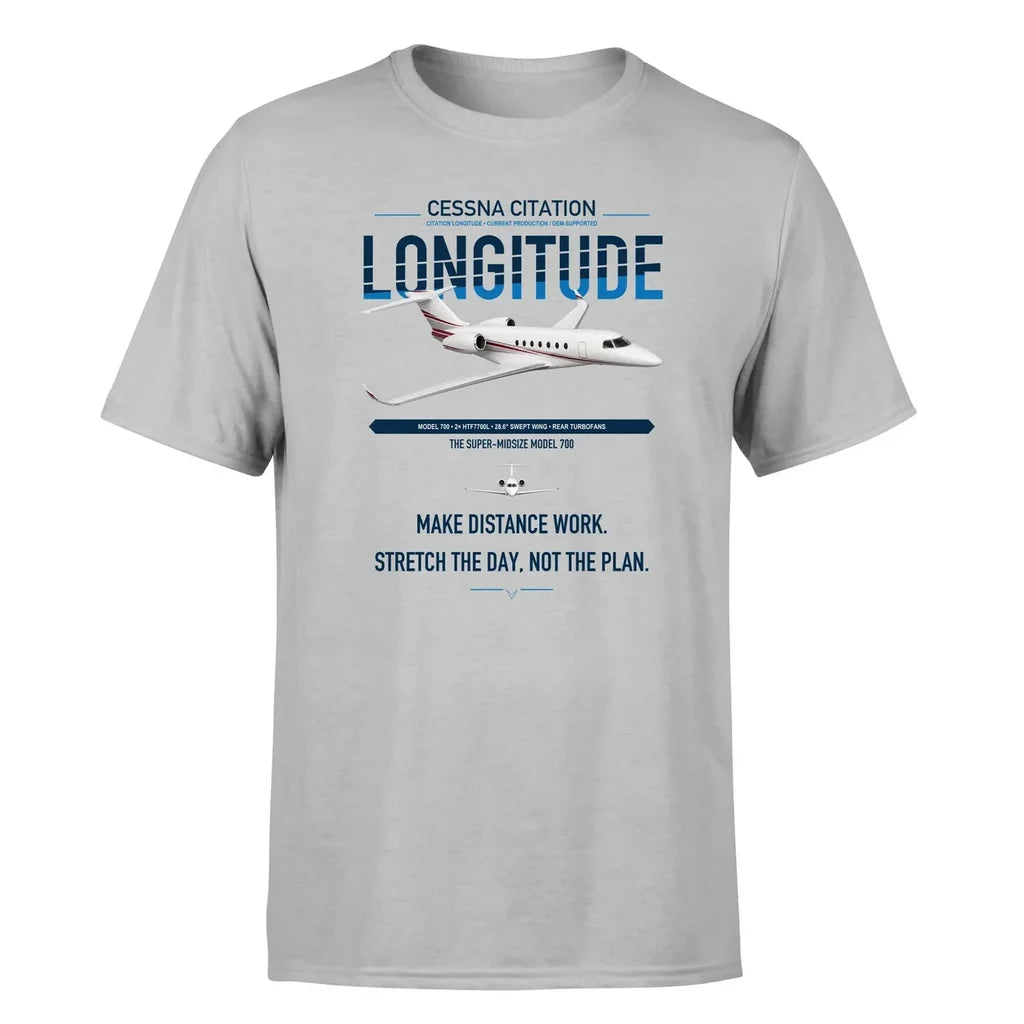 Cessna Citation Longitude design on light gray double-side t-shirt, single-side print