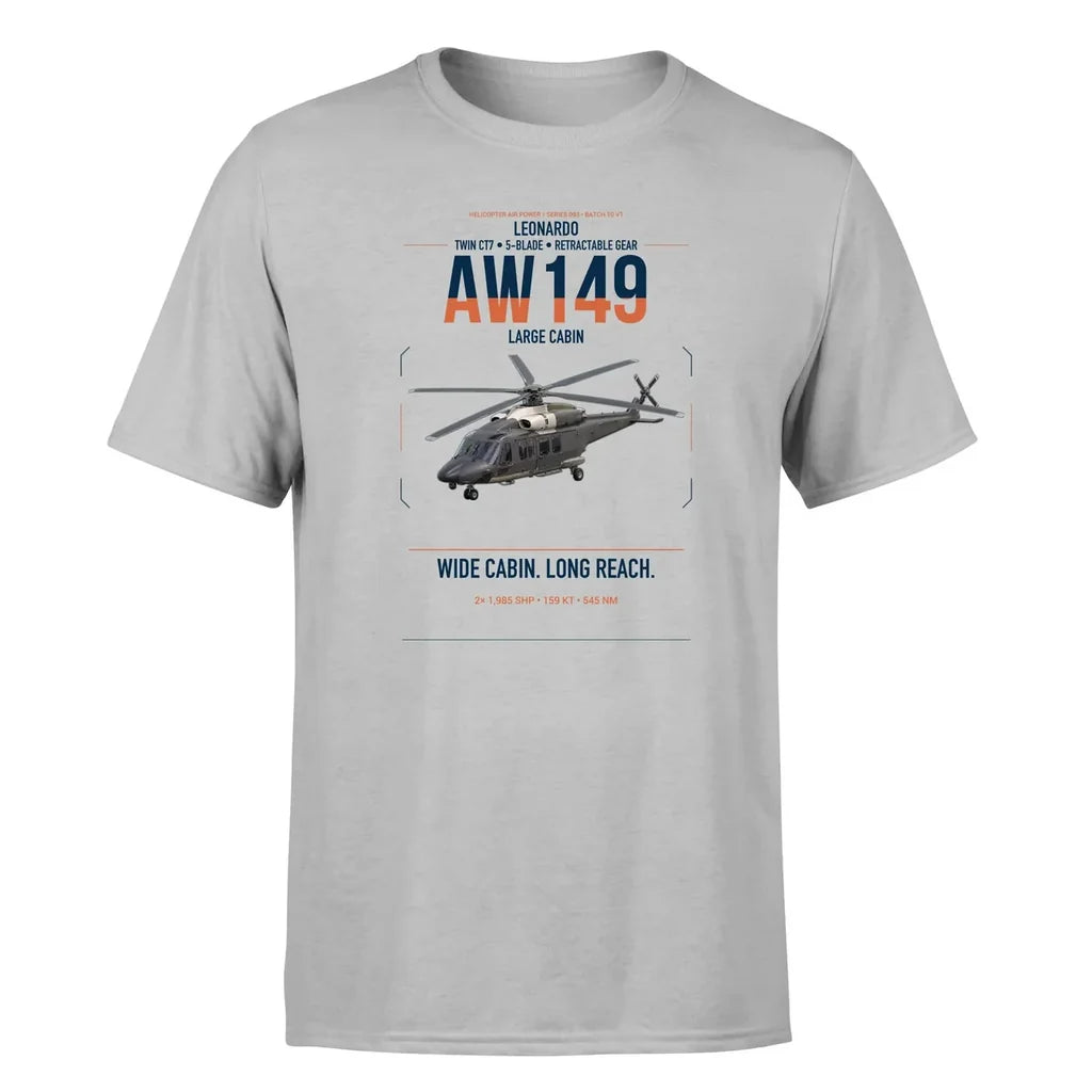 Leonardo AW149 design on light gray t-shirt, single-side print