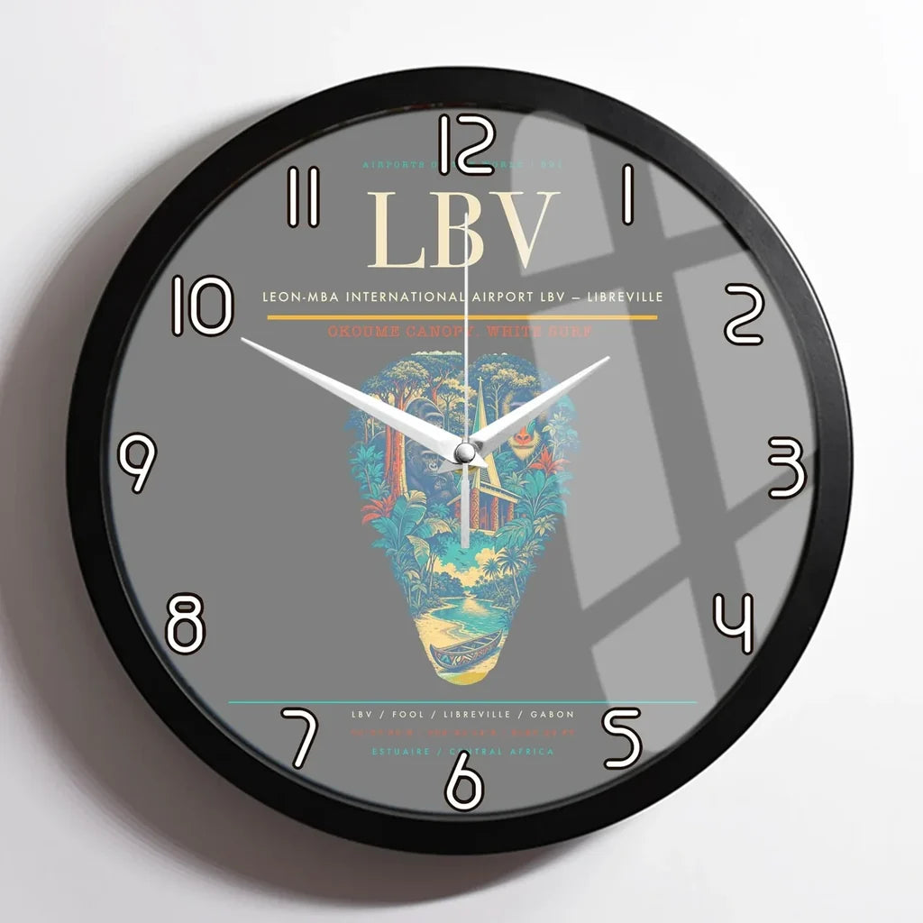 Leon-Mba International Airport (LBV) design on gray framed wall clock