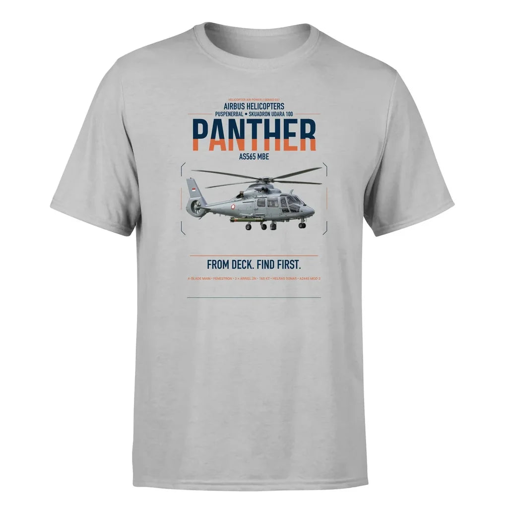 Airbus Helicopters AS565 MBe Panther design on light gray t-shirt, single-side print
