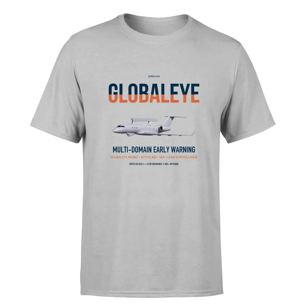 Saab GlobalEye design on light gray double-side t-shirt, single-side print